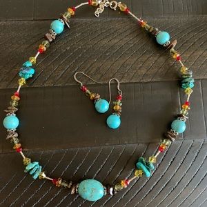 Turquoise beaded necklace and earring set